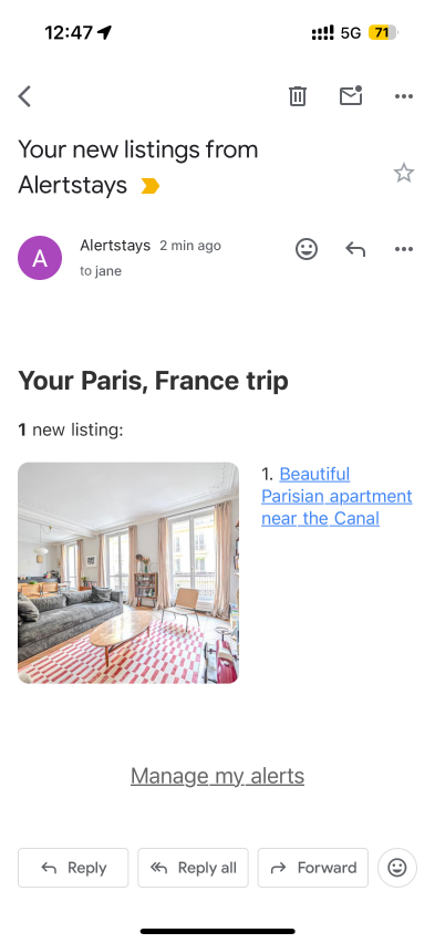 Example of Airbnb alert the user recieves